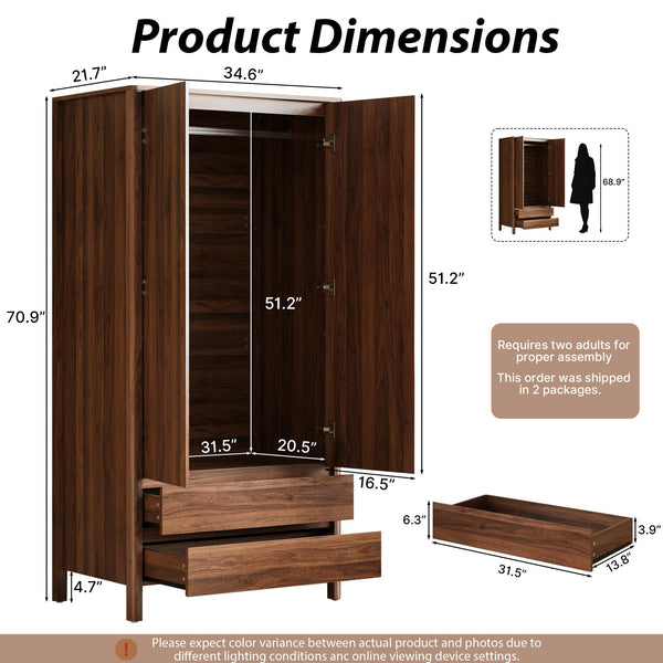 2-Door 2-Drawer Wardrobe with Engineered Wood Storage Cabinet