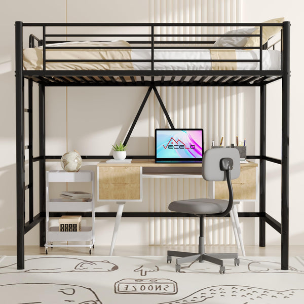 Twin Size Metal Loft Bed with Ladder & Safety Guardrail