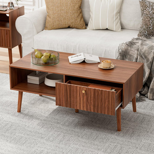 Fluted Door Coffee Table with Storage & Solid Wood Legs