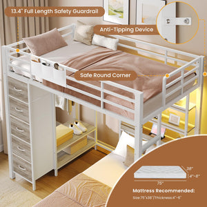 L-Shaped Metal Bunk Bed Twin Over Twin with Storage Drawers, Charging Station & LED Lights