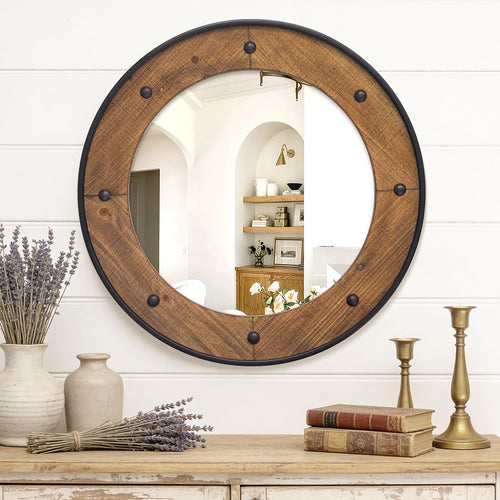 Round Wood Wall Mirror with Black Metal Frame