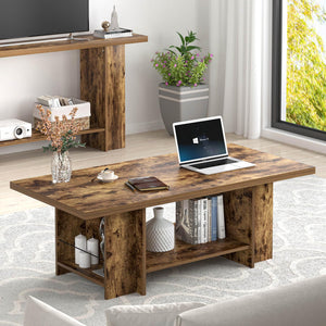 Rustic 2-Tier Coffee Table with Storage Shelves