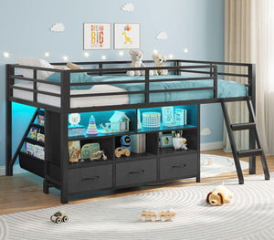 Twin Low Loft Bed with Storage Drawers, Bookshelf & LED Lights
