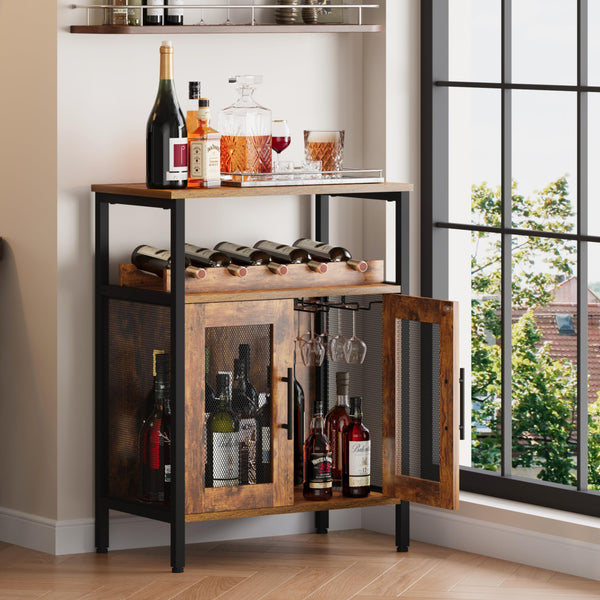 Wine Bar Cabinet with Glass Holder & Mesh Door