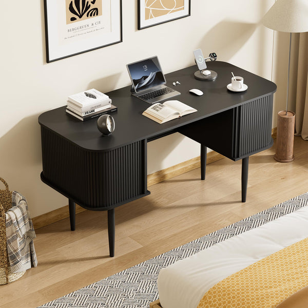55" Fluted Writing Desk with Sliding Door Storage
