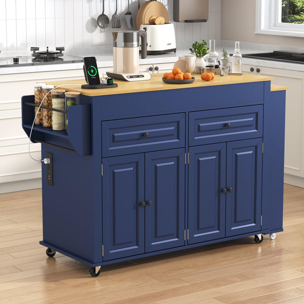 80"-48" Extendable Kitchen Island with Extended Dining Table and Power Outlet,Large Mobile Kitchen Storage Islands with 2 Storage Drawers,Rolling Islands Cart with 3 Extra Rows Open Shelves(Blue)