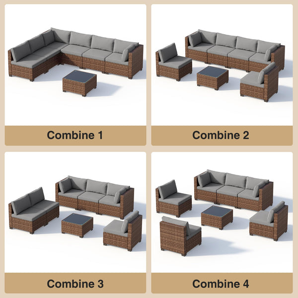 7-Piece Outdoor Sectional Sofa Set with Cushions & Glass Coffee Table