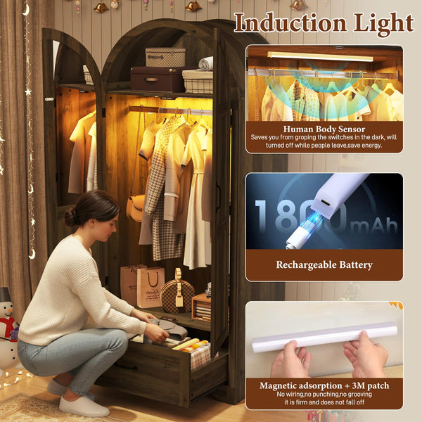 2-Door Arched Armoire Wardrobe with Mirror, Lights & Drawers
