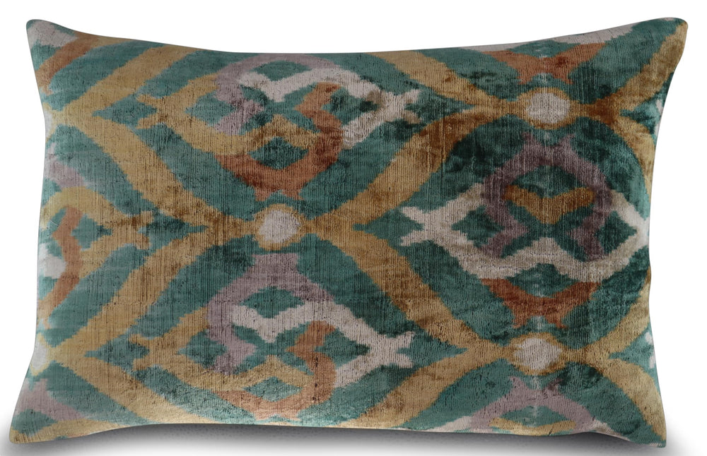 Velvet Ikat Throw Pillow 16x24 – Gold Green Orange