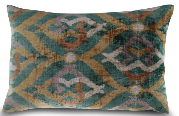 Velvet Ikat Throw Pillow 16x24 – Gold Green Orange