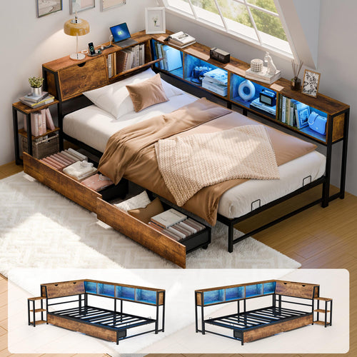 Twin Corner Bed Frame with Storage & LED Lights