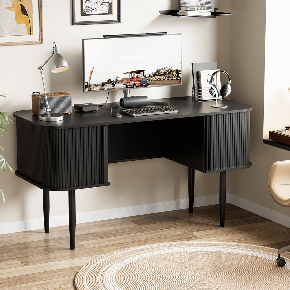 55" Fluted Writing Desk with Sliding Door Storage