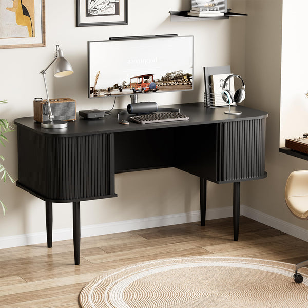55" Fluted Writing Desk with Sliding Door Storage