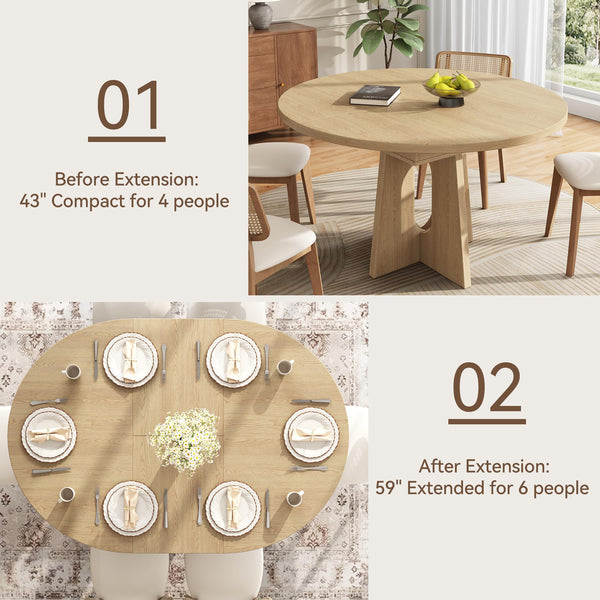Extendable Round to Oval Dining Table, Seats 4–6, 59-Inch