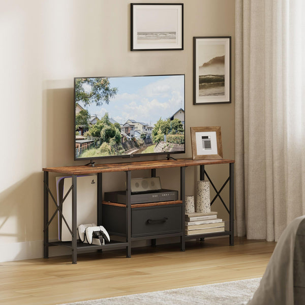 Industrial TV Stand with Fabric Drawer & Open Shelves