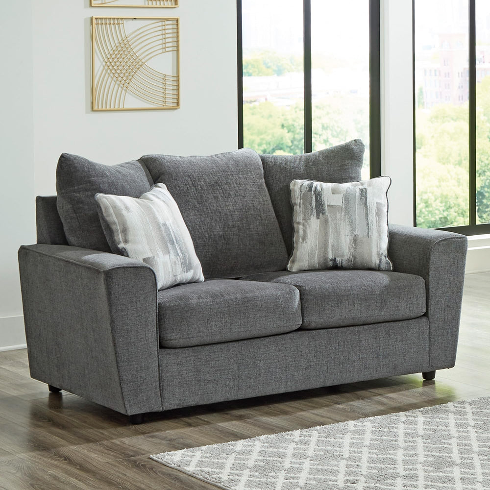 Gray Loveseat with Flared Arms & Accent Pillows