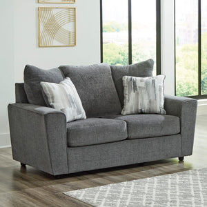 Gray Loveseat with Flared Arms & Accent Pillows