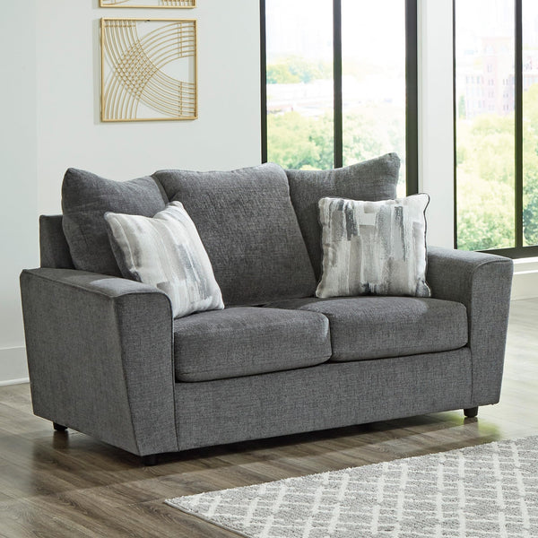 Gray Loveseat with Flared Arms & Accent Pillows