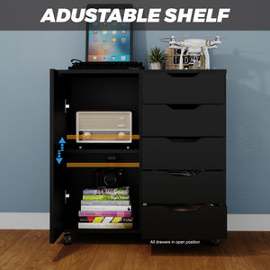 5-Drawer Chest with Door & Wheels – Wood Storage Dresser Cabinet