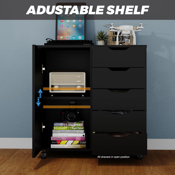 5-Drawer Chest with Door & Wheels – Wood Storage Dresser Cabinet