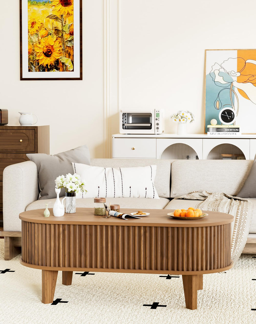 Oval Lift-Top Coffee Table with Fluted Wood & Hidden Storage