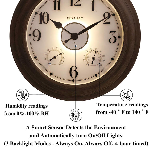 24-Inch Outdoor Wall Clock with Thermometer, Hygrometer & Smart Night Light