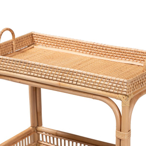 2-Tier Natural Rattan Wine Cart with Caster Wheels