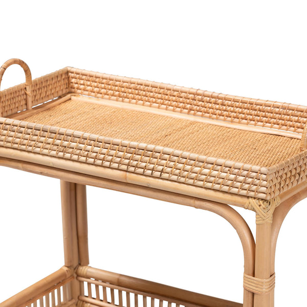 2-Tier Natural Rattan Wine Cart with Caster Wheels