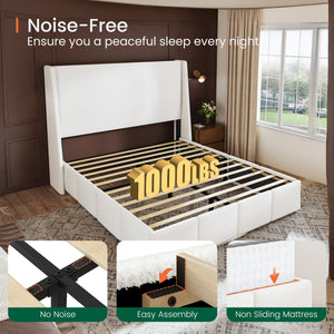 Queen Wingback Upholstered Platform Bed Frame