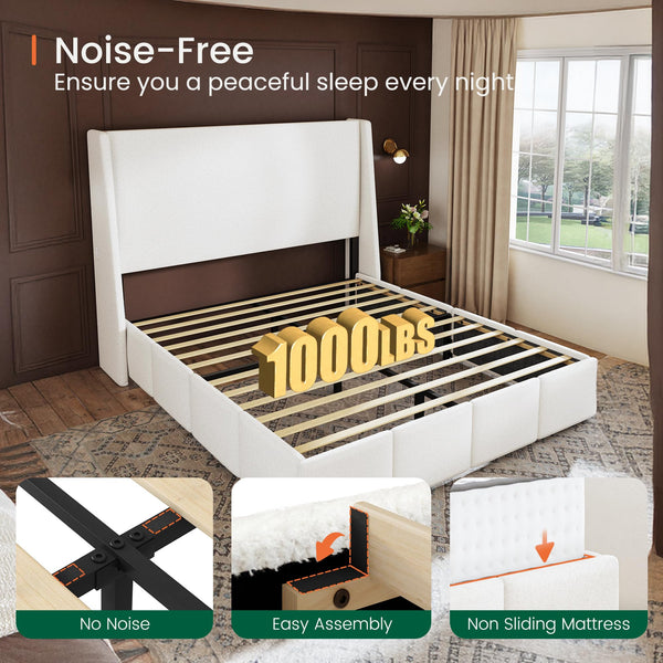 Queen Wingback Upholstered Platform Bed Frame