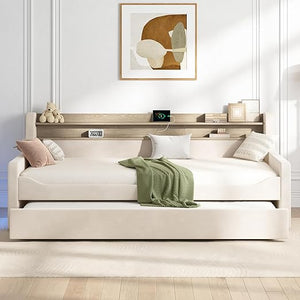 Twin Daybed with Trundle, Upholstered Velvet Bed Frame, LED Night Light, Storage Headboard, USB Charging