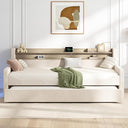 Twin Upholstered Daybed with Trundle, LED Light & Storage Headboard