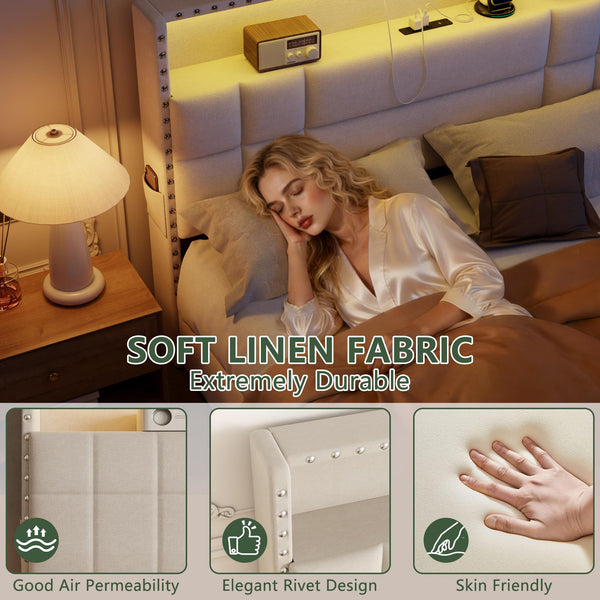 Upholstered Platform Bed Frame with Storage Drawers, LED Lights & Charging Station