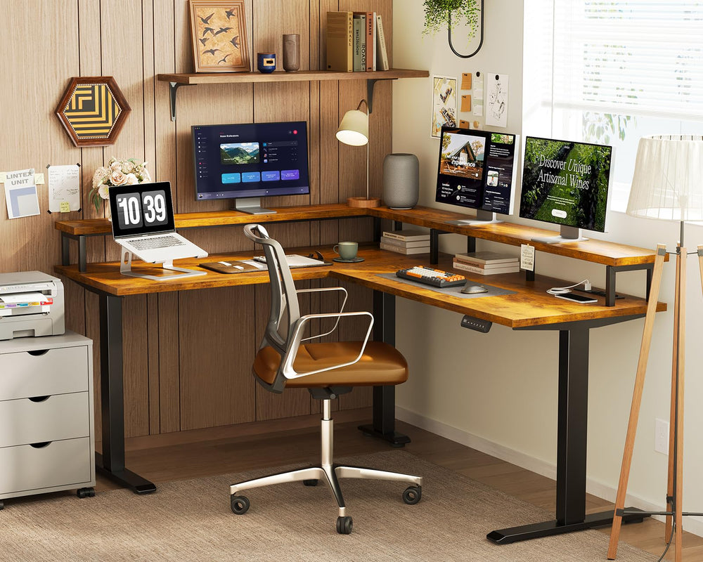 L-Shaped Electric Standing Desk 59 Inch with Monitor Shelf & Power Outlets