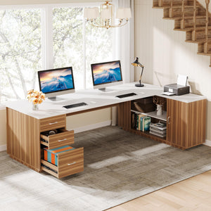 L-Shaped Executive Desk with File Drawers & Cabinet
