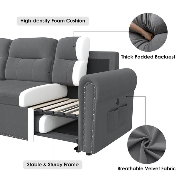 87" Sectional Sleeper Sofa with Storage Chaise & USB Charging