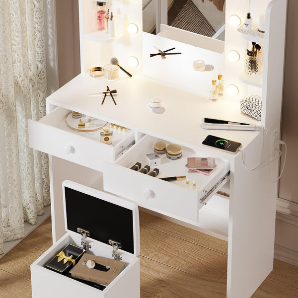 White Vanity Desk with Mirror and Lights