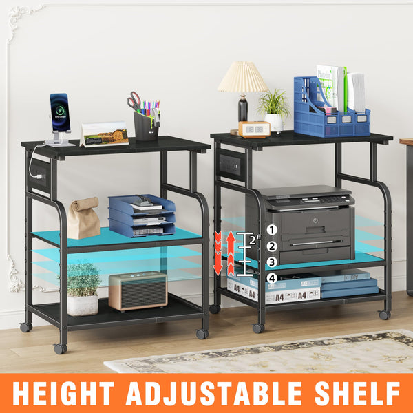 3-Tier Printer Stand with Power Outlet & Rolling Wheels