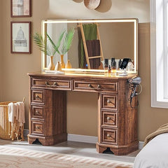 48-Inch Farmhouse Vanity Desk with Lighted Mirror and 8 Drawers