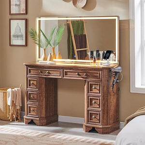 48-Inch Farmhouse Vanity Desk with Lighted Mirror and 8 Drawers