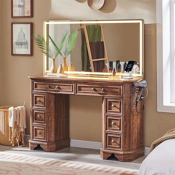 48-Inch Farmhouse Vanity Desk with Lighted Mirror and 8 Drawers