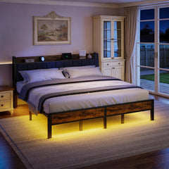 King Bed Frame with LED Lights, USB Charging & Storage Headboard