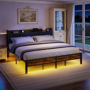 King Bed Frame with LED Lights, USB Charging & Storage Headboard