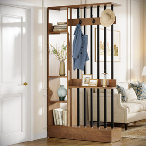 Modern Wood Room Divider with Open Shelves & Coat Hooks – Brown