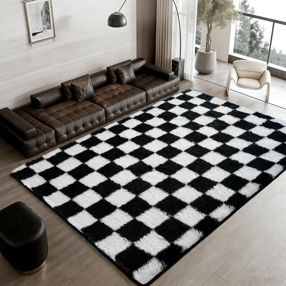 Checkered Shag Area Rug – Black & White Plush Non-Slip Carpet