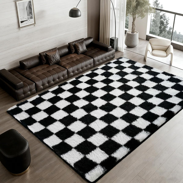 Checkered Shag Area Rug – Black & White Plush Non-Slip Carpet