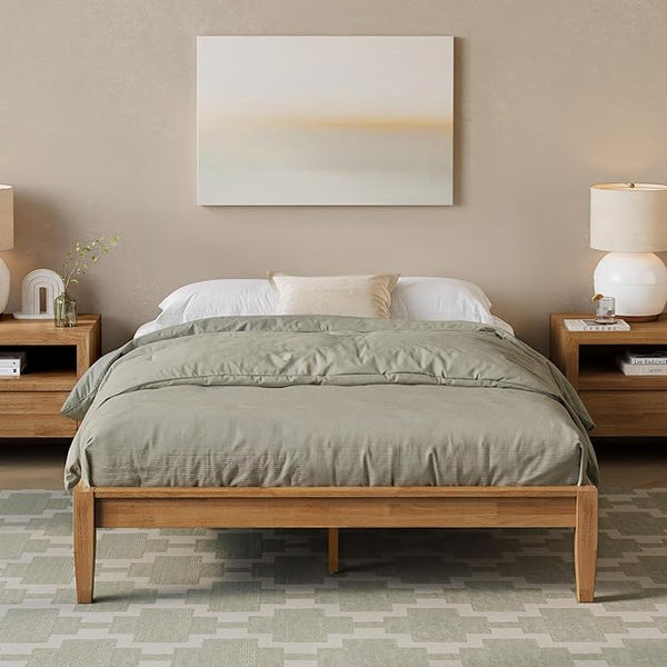 Solid Rubberwood Platform Bed Frame with Headboard