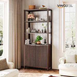 6-Tier Bookcase with Fluted Doors, 71" Wood Storage Cabinet