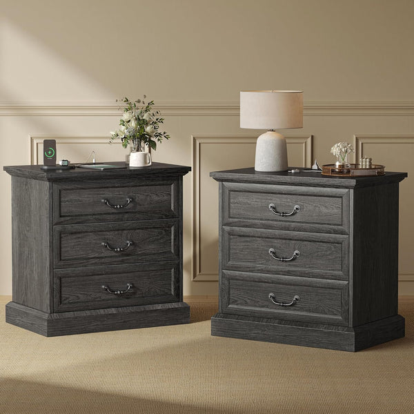 Farmhouse Nightstand with Charging Station & 3 Drawers