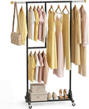 Rolling Garment Rack with Double Rod, Lockable Casters & Mesh Shelf